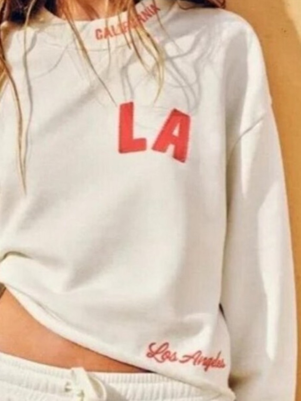Zara Cream Cropped Crewneck Sweater with Red 'LA' Lettering